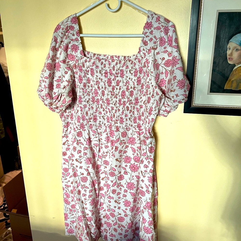 Pink Floral Midi Dress with Smocked Bodice